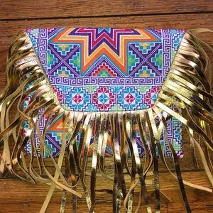 Boho tribal gold fringe clutch / crossbody